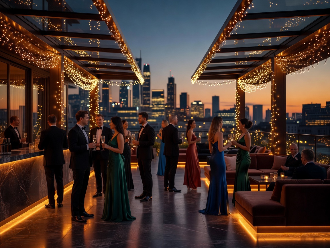 Luxury rooftop celebration with elegant lighting at VIP lounge